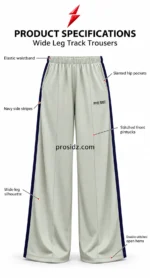 PSI prosidz industries Wide Leg Track Pants illustrated back view with gathered waistband, centre seat seam, navy side stripes and open hems.