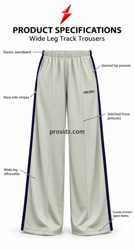 PSI prosidz industries Wide Leg Track Pants illustrated back view with gathered waistband, centre seat seam, navy side stripes and open hems.