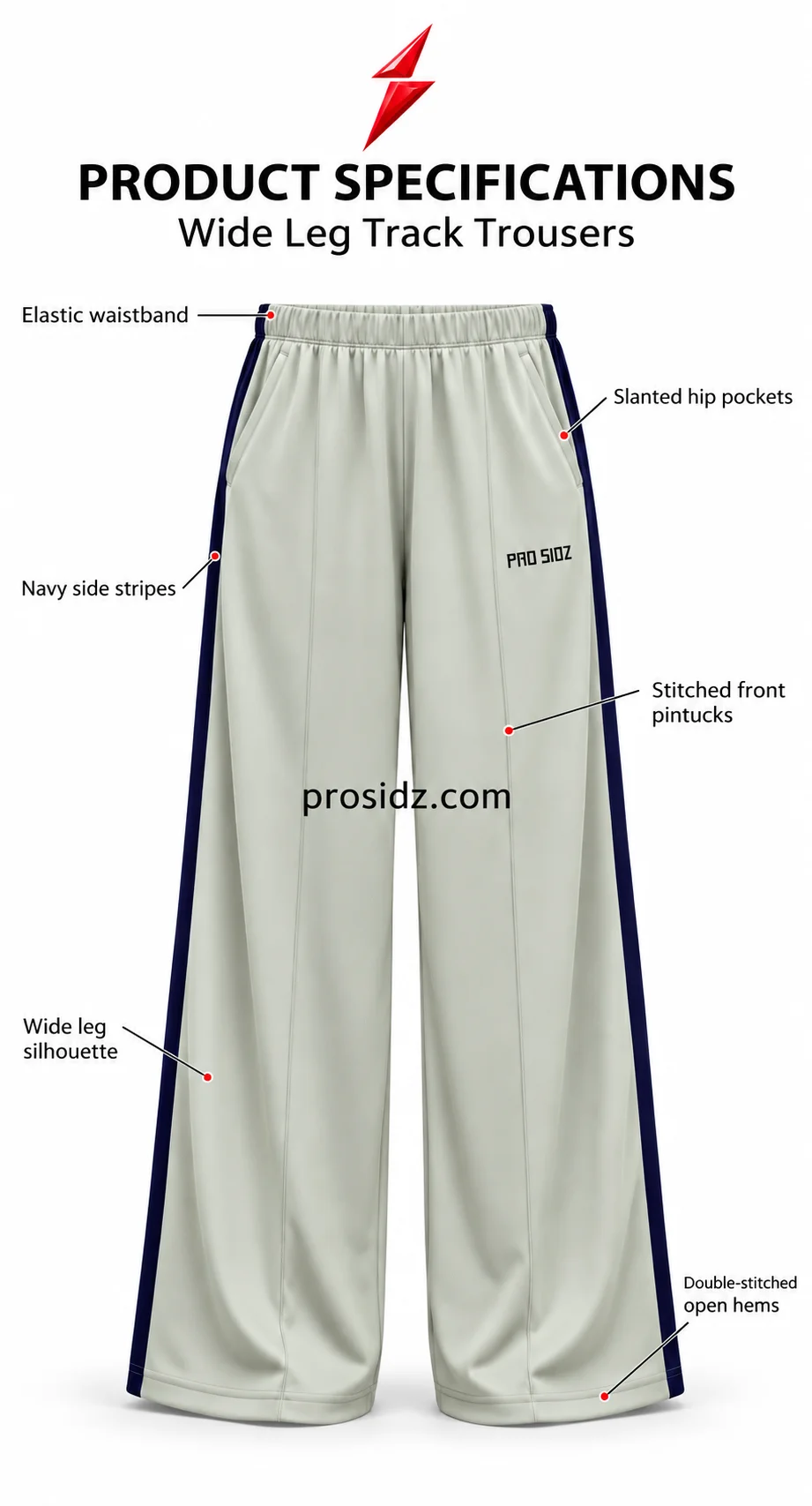 psi-prosidz-industries-wide-leg-track-pants-back PSI prosidz industries Wide Leg Track Pants illustrated back view with gathered waistband, centre seat seam, navy side stripes and open hems.