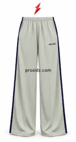 PSI prosidz industries Wide Leg Track Pants four-grid close-ups showing waistband channels, slanted pockets, navy stripes, pintucks and double-stitched hems.