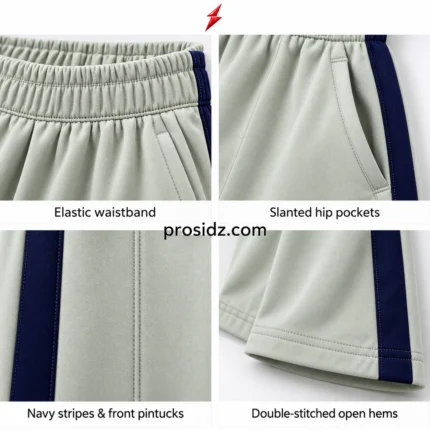 PSI prosidz industries Wide Leg Track Pants front view in sage-grey with navy side stripes, stitched pintucks and red PSI emblem above.
