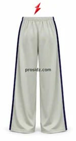 PSI prosidz industries Wide Leg Track Pants specifications graphic showing sage-grey front panels, navy stripes, pintucks and labelled hem stitching.