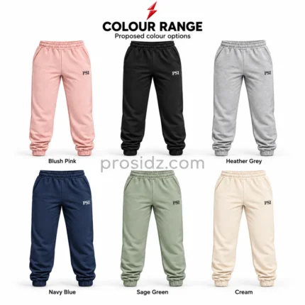 PSI prosidz industries Women’s Joggers front view in blush pink with slanted pockets, charcoal thigh lettering and red PSI emblem above.
