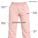 PSI prosidz industries Women’s Joggers specifications graphic showing pink front panels, side pockets, thigh branding and cuff callouts.