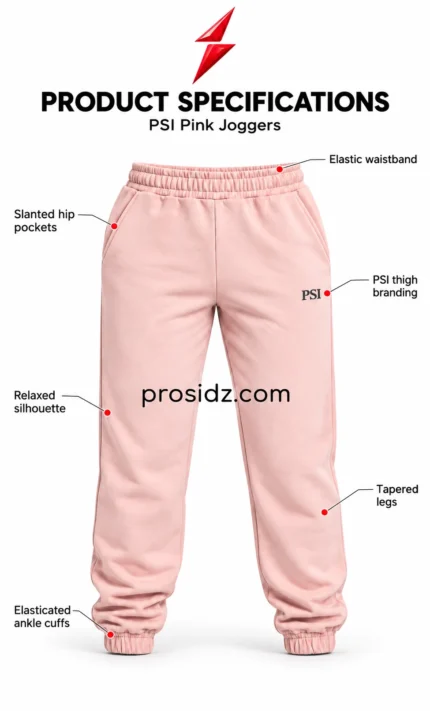 PSI prosidz industries Women’s Joggers specifications graphic showing pink front panels, side pockets, thigh branding and cuff callouts.