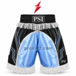 PSI Fringe Boxing Shorts by Prosidz Industries with black and ice-blue panels, white waist and hem fringe, silver edging, and serif waistband branding.